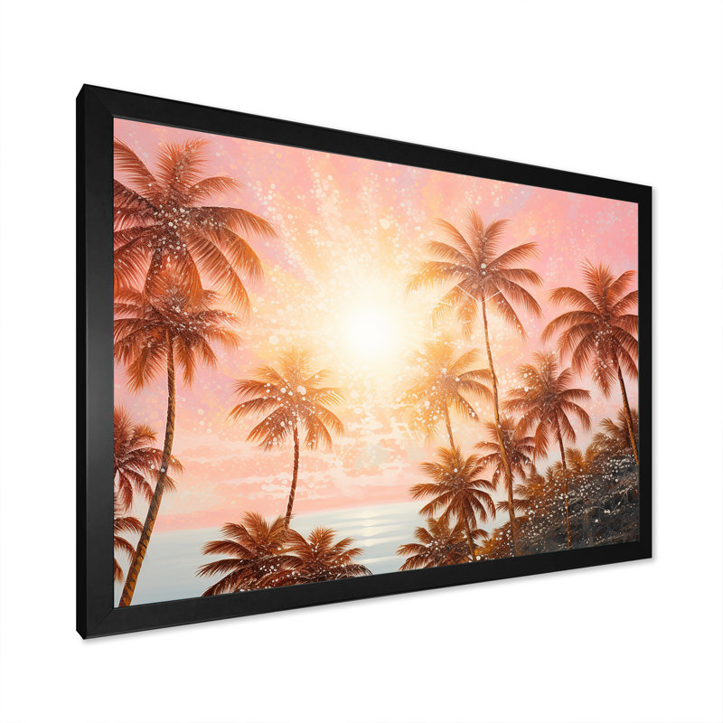 Rose Radiance Sunset Palm Trees Canvas Print with Black Frame