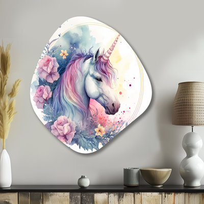 Mignon licorne pastel entourée de fleurs III - animaux, forme de nébuleuse cheval, art mural asymétrique en métal