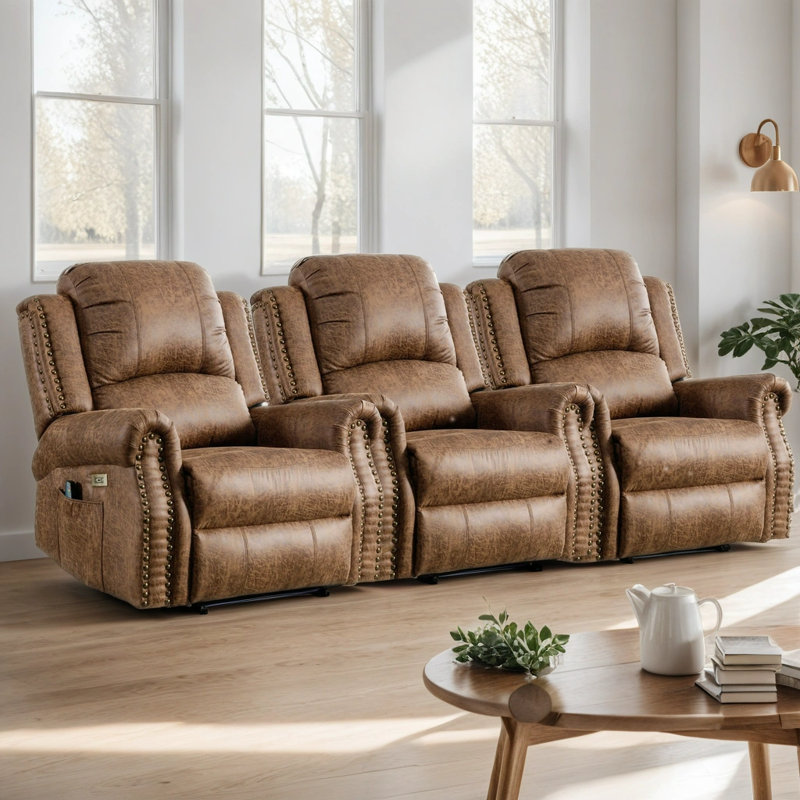 Ensemble de 3 fauteuils inclinables électriques en cuir Aidin, Cognac