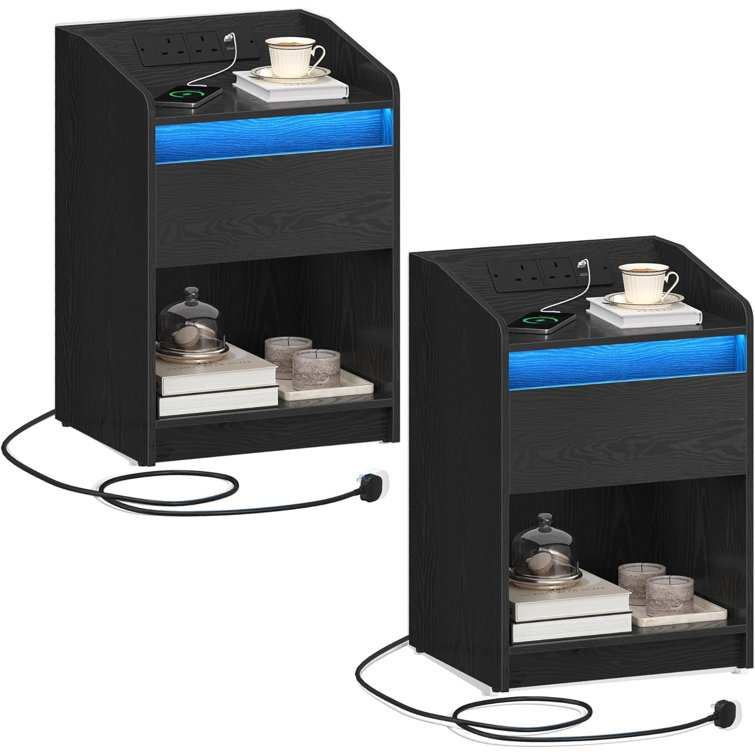 Bedside Table Set of 2 with LED Light, Bedside Cabinet with Charging Station, 1 Storage Drawer Nightstand for Bedroom, Living Room, 2 USB Port, 2 Outlets, Open Compartment