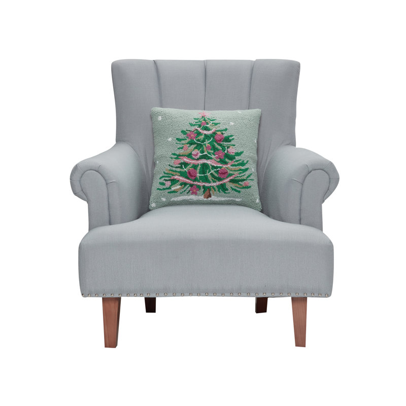 Coussin en laine rose et vert, Arbre 16 x 16 po