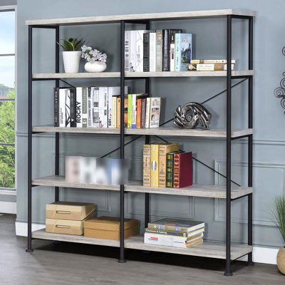 Bibliothèque rustique en bois flotté gris, 4 tablettes, utilisation de bureau, bibliothèque en métal noir à 4 tablettes et support noir