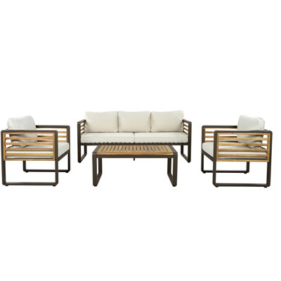 Ensemble de conversation de grande taille pour 4 personnes avec ensemble de conversation pour 5 personnes, ensemble de canapé de jardin avec coussin amovible, ensemble de canapé à structure en bois et en métal, plateau de table en bois d'acacia