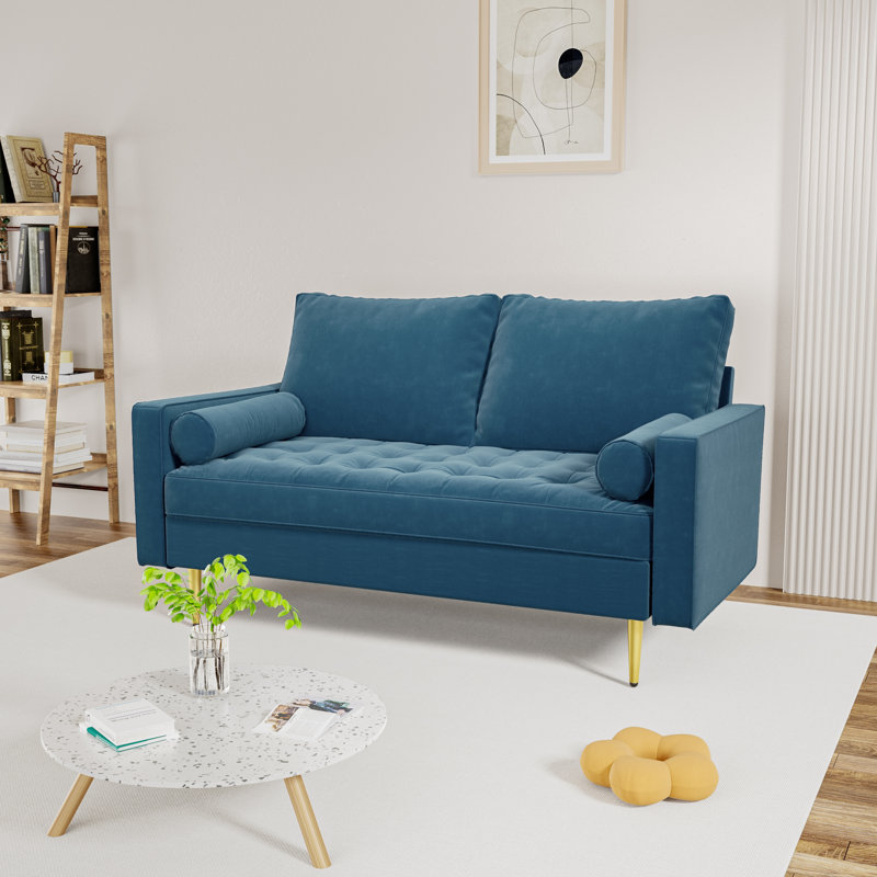 Bellinger 58" Velvet Square Arms Tufted Seat Golden Metal Feet Loveseat, Prussian Blue Velvet