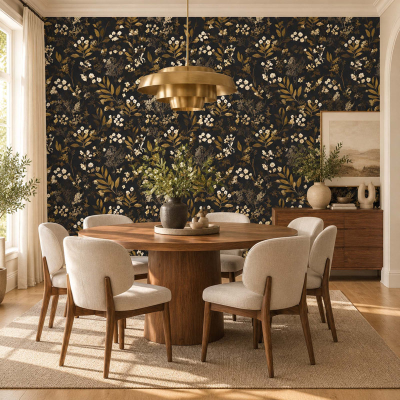 Papier peint adhésif rétro à motif floral, motif botanique noir et doré, vinyle amovible
