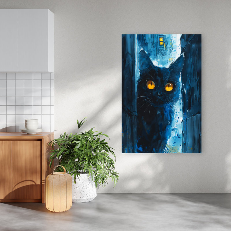 Midnight Watcher Cat Abstract Contemporary Cat Architecture City Wall Art Print 1 Piece Wrapped Canvas Wall Art