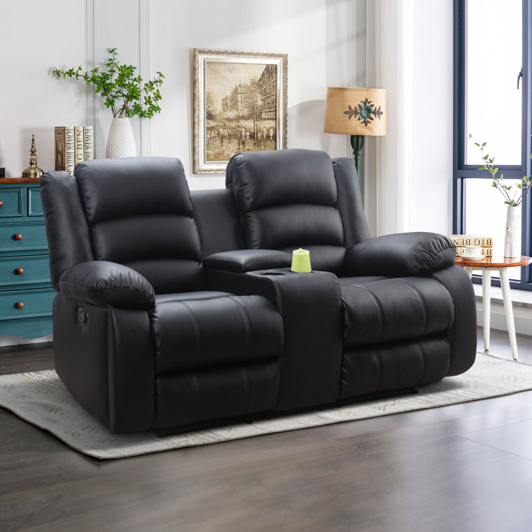 Lamyiah 77.6'' Wide Soft Vegan Leather Manual Reception Loveseat with Cup Holders and Console