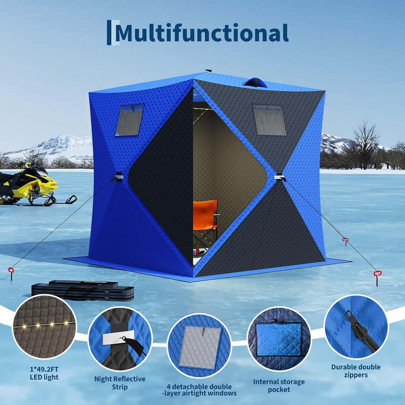 Pop Up Ice Fishing Shelter with 49ft LED Light Strip, Windproof Insulated Hub Tent for 2‑8 People, Blue