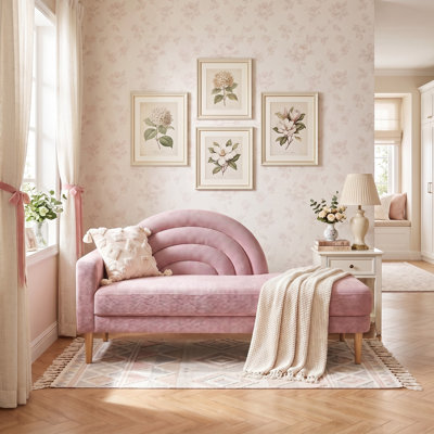 Modern Rainbow-Inspired Curved Backrest Chaise Lounge with Tapered Wood Legs, Pink Linen