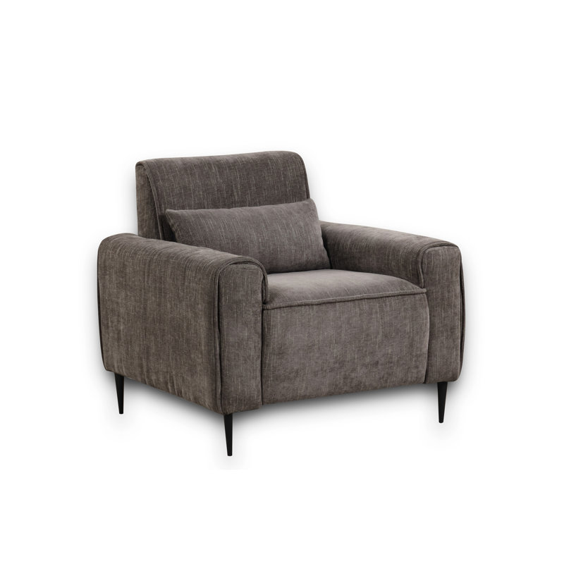 Fauteuil chic en chenille gris avec pieds en métal et coussin