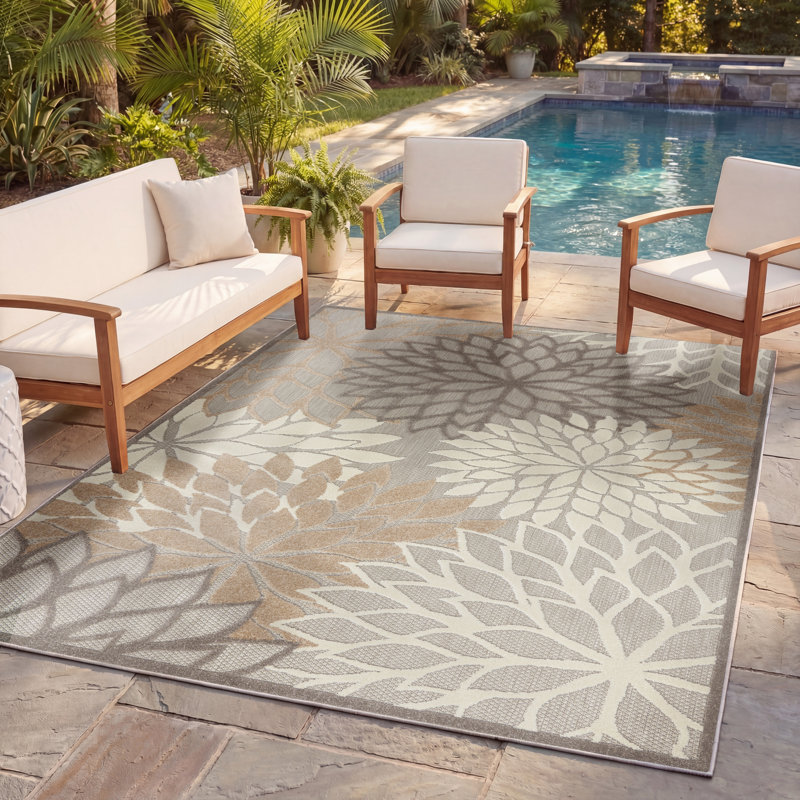 Tapis floral intérieur / extérieur Gean, Rectangle 3 pi 6 po x 5 pi 6 po