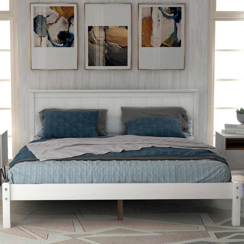 Base de lit plateforme avec support de lattes en bois de tête de lit sans sommier, Lit double, Blanc