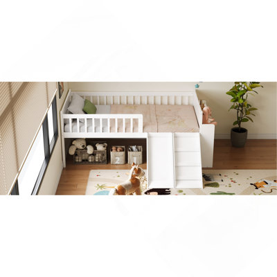 Structure de lit simple Lit simple avec tablette de rangement, avec glissière et échelle, lit plateforme avec garde-corps, aucun sommier requis, assemblage facile, blanc