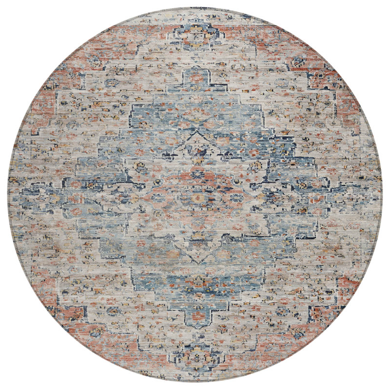 Machine Washable Indoor/Outdoor Xhevrie Beige Rug, Round 8'