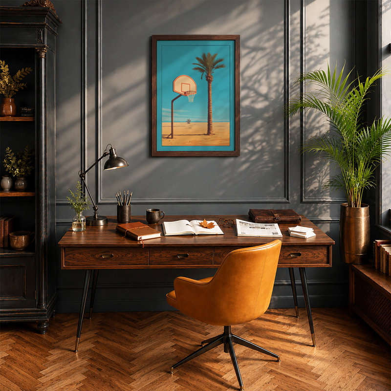 Basketball in the Desert Surrealism - Framed Print, A4 - 29.7 x 21.0 cm, Walnut