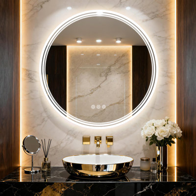 UL Certified Super Bright Round Frontlit & Backlit LED Bathroom Vanity Mirror With 3-Year Warranty, Dimmable, Anti-Fog, 3 Color Adjustment, Tempered Glass
