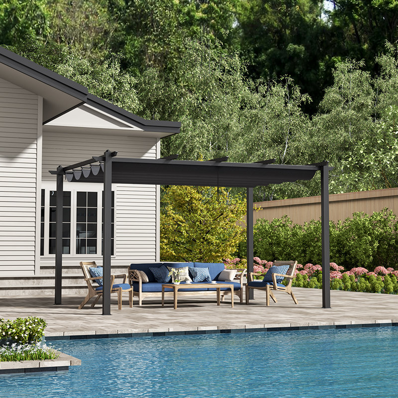 Dakota Fields Polyester Cover Retractable Freestanding Awning, Light Grey, 228cm H x 400cm W x 300cm D