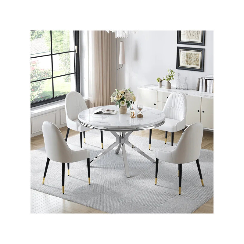 46.85”Faux Marble Top Stainless Steel Base Dining Table Set, White/Silver, White/Silver