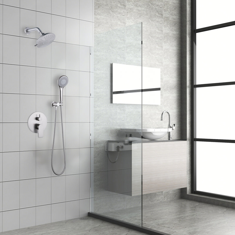 Ensemble de douche complet moderne en nickel brossé 6 ", ensemble de douche 5 fonctions en laiton massif avec valve brute