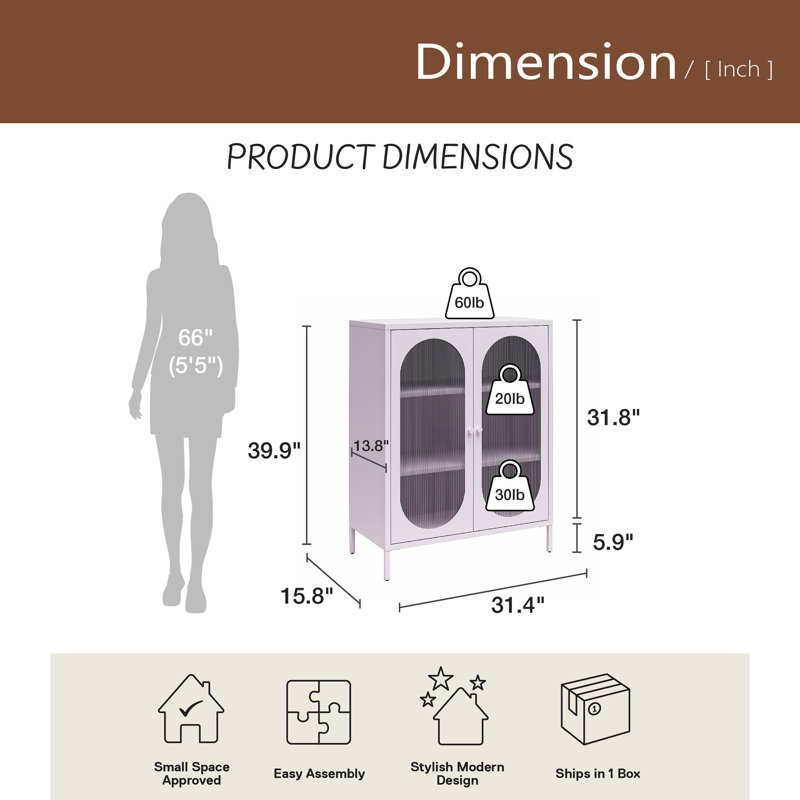 Armoire d'appoint courte en métal à 2 portes avec verre cannelé Short