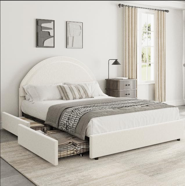 Base de lit tapissier avec 2 tiroirs de rangement Modern, Lit simple, Blanc