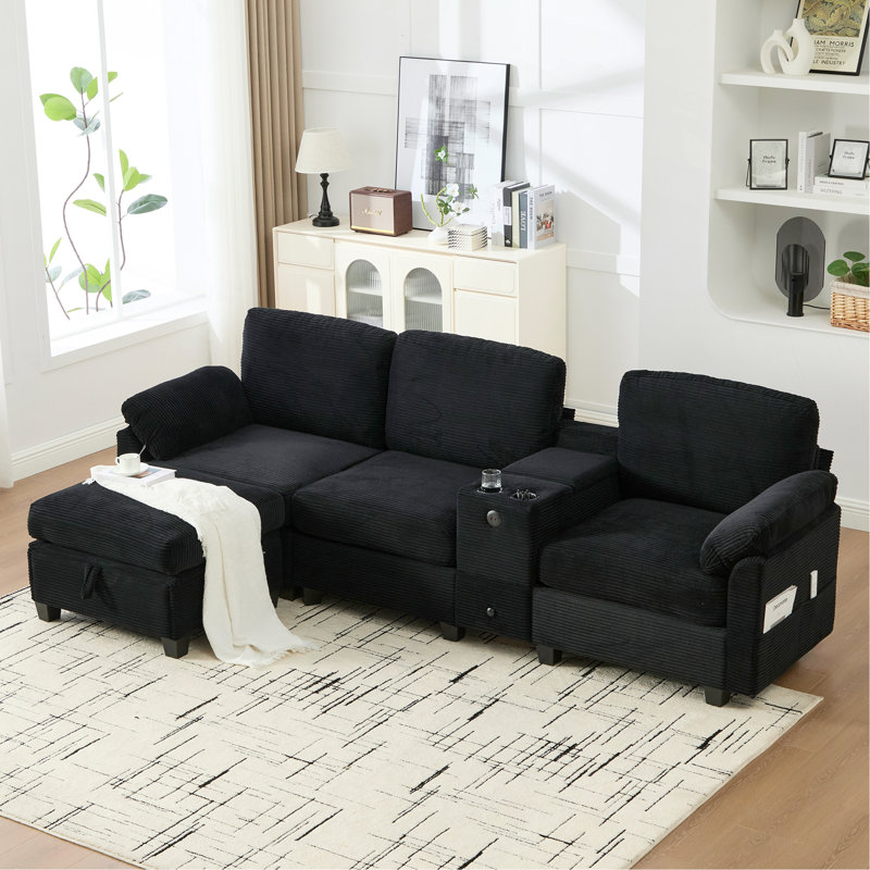 Canapé en velours côtelé multifonctionnel de type L: conception segmentée à 4 places avec porte-gobelet / USB / boîte de rangement, équipé d'une console mobile et d'un espace de rangement de style repose-pieds, optimisé pour