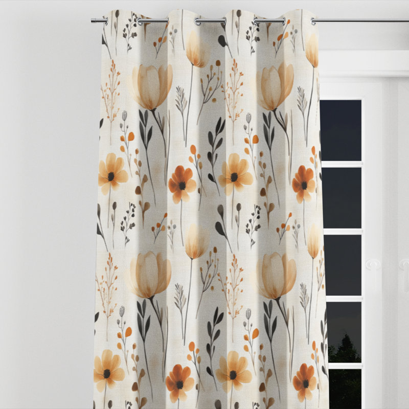 Rideaux Boho - 1 rideau floral avec œillets Azilynn, L 52 po x L 95 po, Œillets argentés