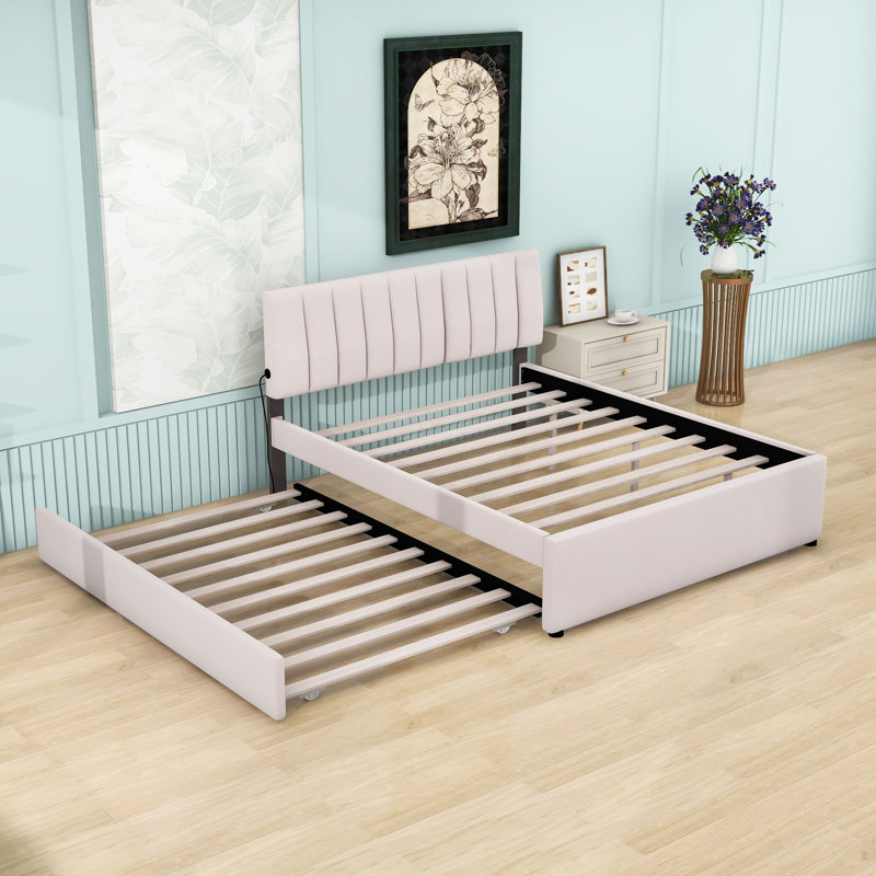 Lit rembourré Teddy avec lit gigogne et DEL, Beige, Grand lit