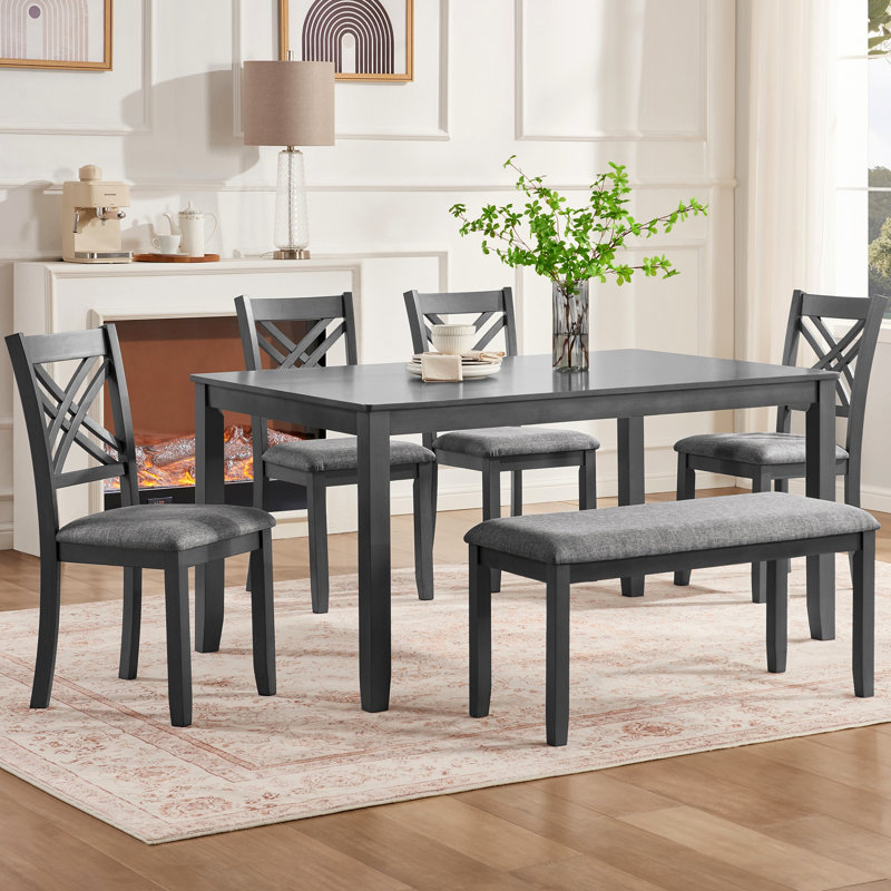 Ensemble de salle à manger de cuisine 6 pièces, table de salle à manger rectangulaire en bois avec 4 chaises rembourrées et un banc, ensemble de table de salle à manger