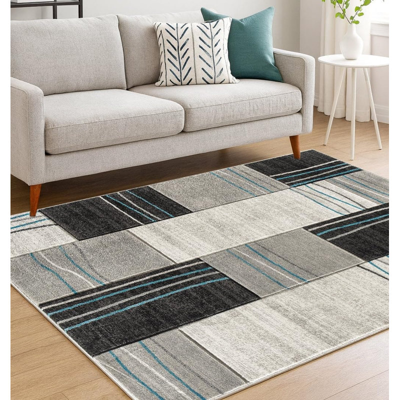 Tapis rectangulaire en polyester ciselé à la main 9 pi x 12 pi, motif de rectangles turquoise gris argenté, Grey/Black/Blue