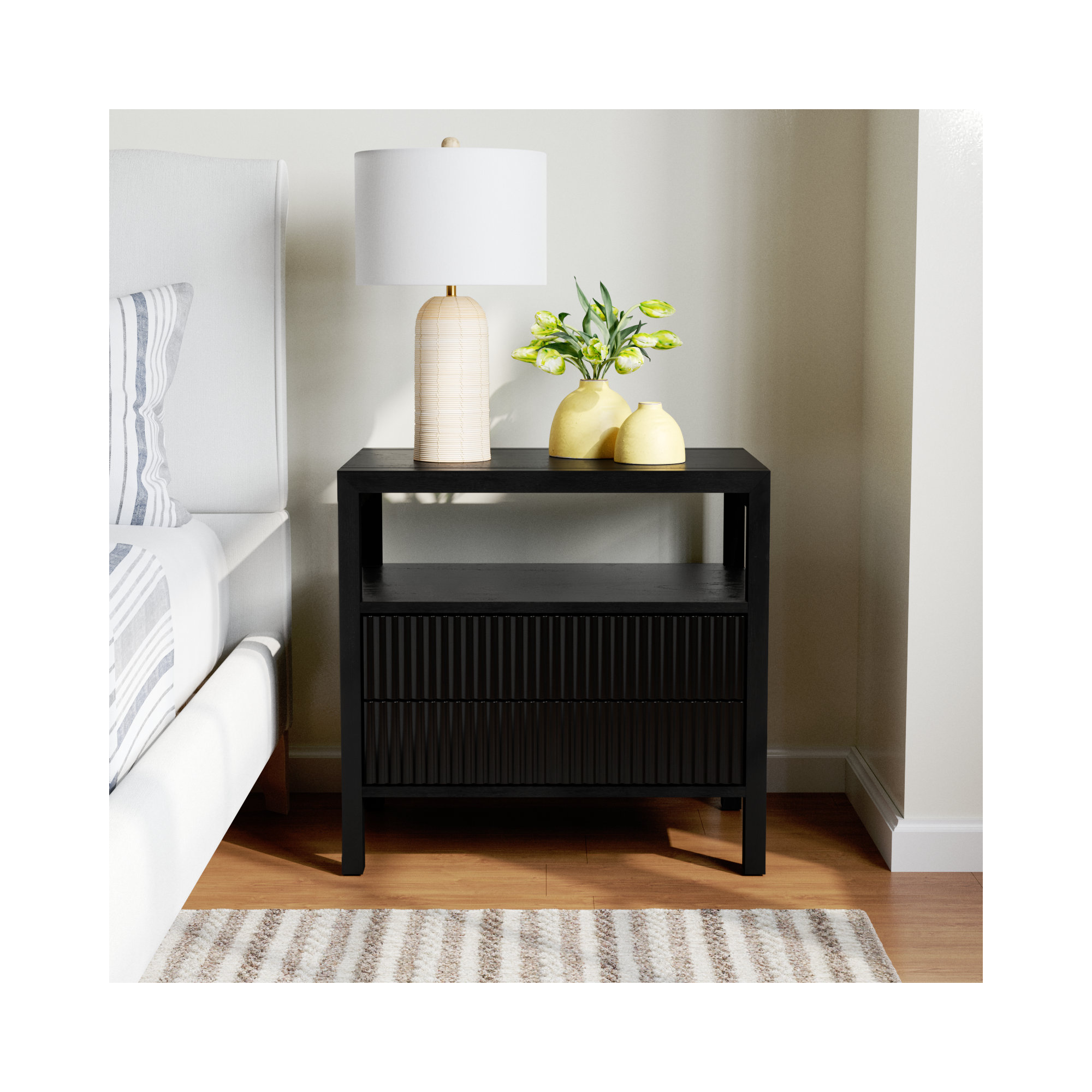 Dorchester 2 Drawer Reeded Nightstand, Black