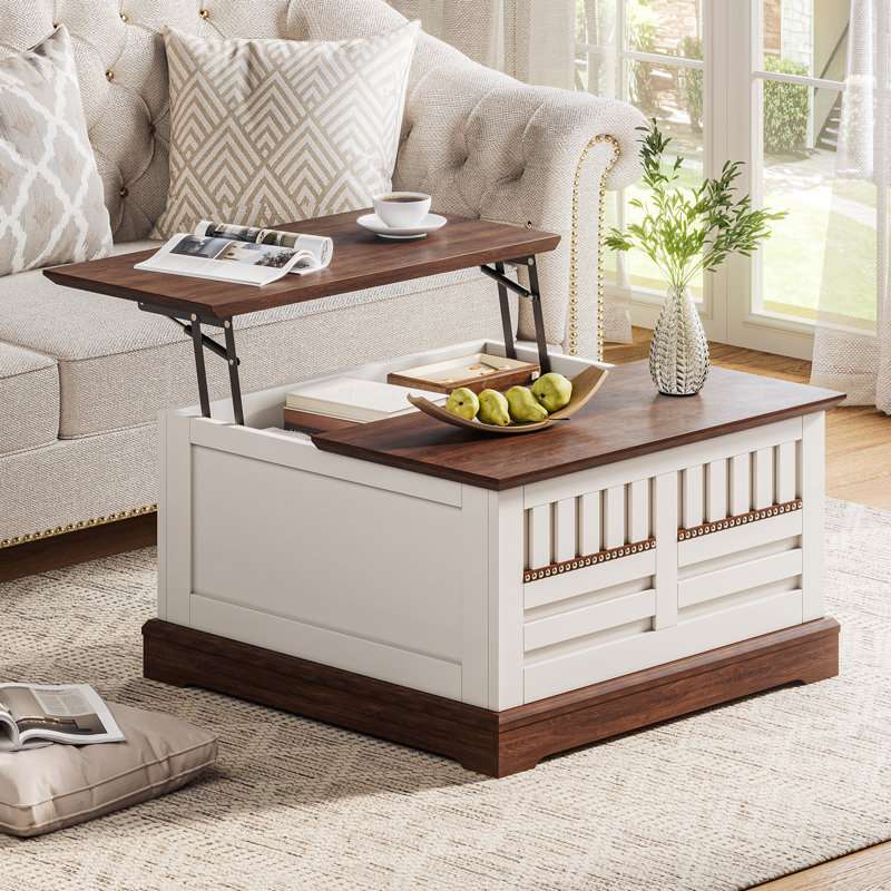 Farmhouse Lift-Top Coffee Table, 31.5" Square, Large 56 Gal Hidden Storage, Swinging Barn-Door Design, Rustic White & Walnut, Hydraulic Lift & Soft-Close Flip Top