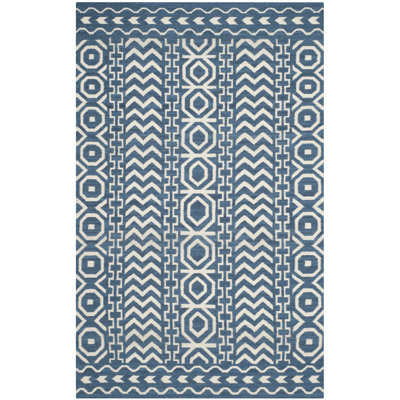 Rodgers Hand Woven Flat Weave Wool/Cotton Geometric Rug in Dark Blue/Ivory
