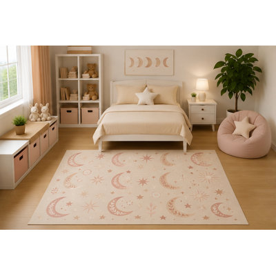 "Ultra Lightweight" 5' x 7' Kids Area Rug Blush Moon Phase Celestial Rug Minimalist Stars Nursery Bedroom Playroom Decor for Girls Baby Room Non-Slip Silicone Backing Low Pile