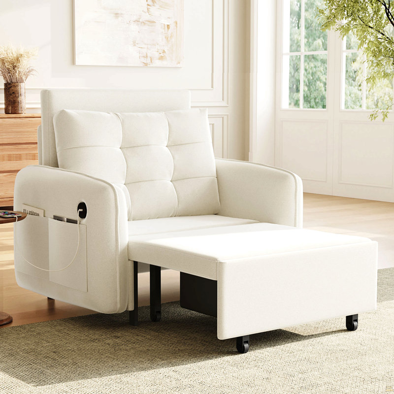 Fauteuil-lit 3 en 1, méridienne extra longue 80 po avec chargement USB, poches de rangement et boîte, Beige