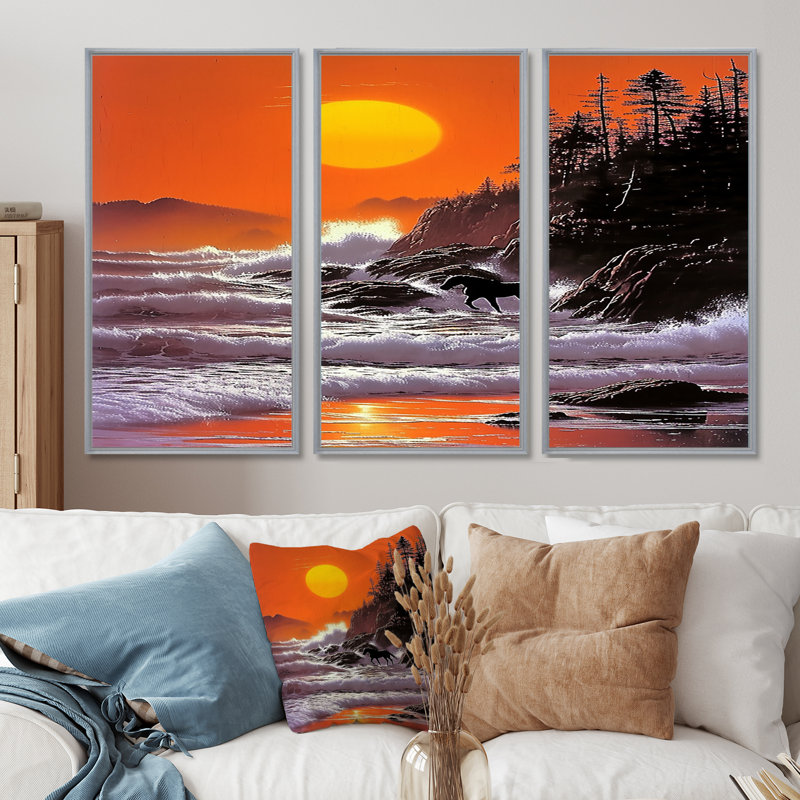 Ensemble de salon Renville - Coastal Waves Wall Art, Cadre argenté flottant, H 28 po x l 36 po x P 1 po