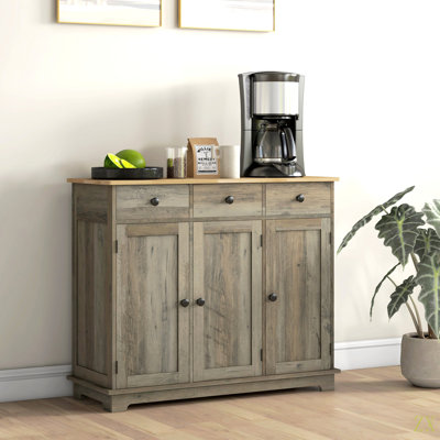 Buffet avec comptoir en bois massif, armoire de rangement de cuisine moderne, armoire à café avec 3 tiroirs, portes et tablette réglable
