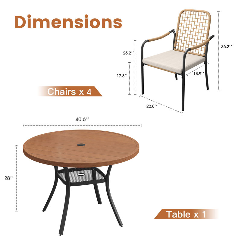Ensemble repas pour 4 personnes avec table ronde et chaises rembourrées empilables en rotin, Brun bois brossé