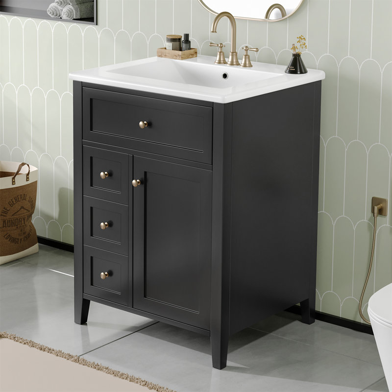 24" Single Vanity With Ceramic Sink, Drawers, Adjustable Inner Shelf And Rack, Black, Silver