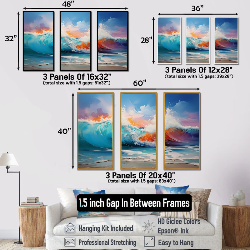Shoreline Waves Sunset 3 - art mural vagues côtières, Cadre flottant brun, H 32 po x l 48 po x P 1 po