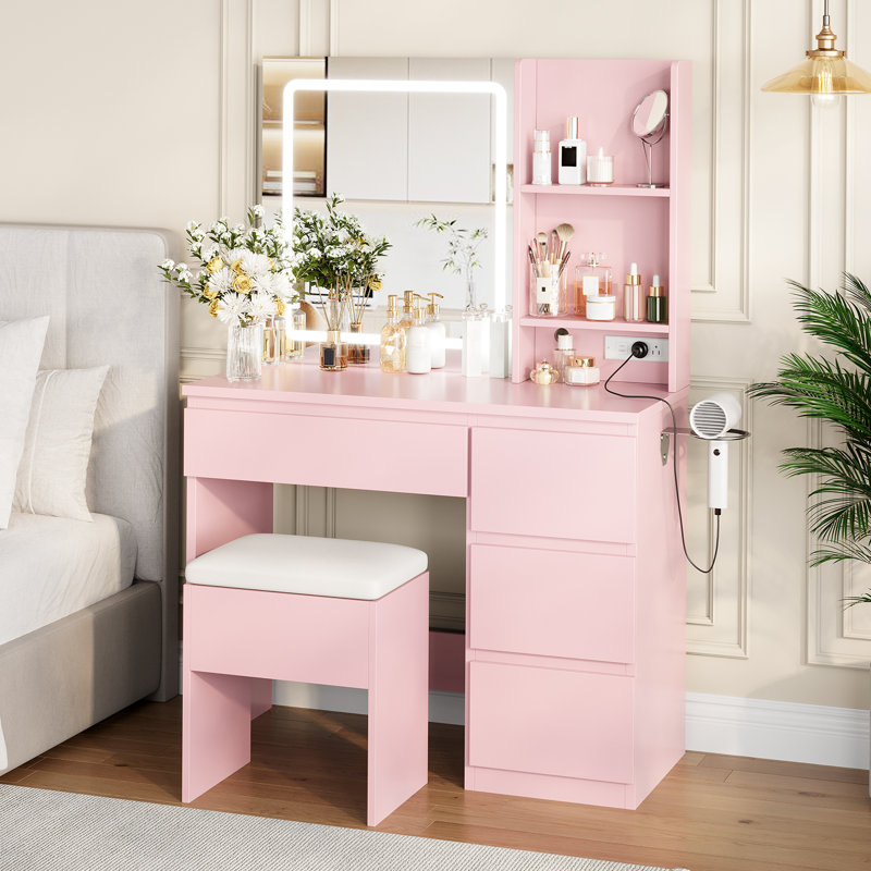 Lighted Vanity Desk with Mirror & Stool - 4-Drawer Makeup Table with Power Outlets (USB/Type-C) - Dimmable LED Dressing Table with Storage Shelves - Modern Bedroom Vanity Set, Easy Assembly