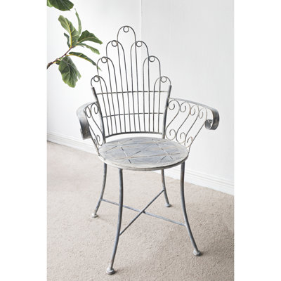 23x22x38 Inches Iron Accent Chair, Ideal For Patio And Living Room, Fan - Shaped , Comfortable Scrolled Arms, Round Seat, 100% Iron, 11 Lbs French Country Style Armchair, Inches, Distressed Silver