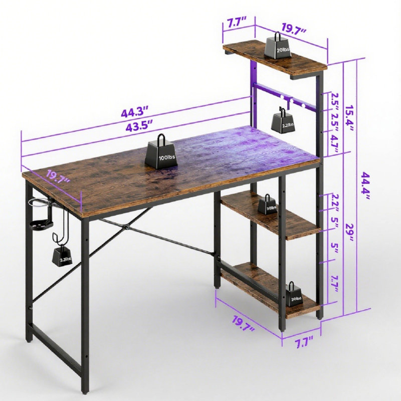 Monike 44'' W Computer Desk With Led Lights & Reversible Storage Shelves,Home Office Desk With Hooks, CPU Stand,Cup Holder and Cloud Magnets.