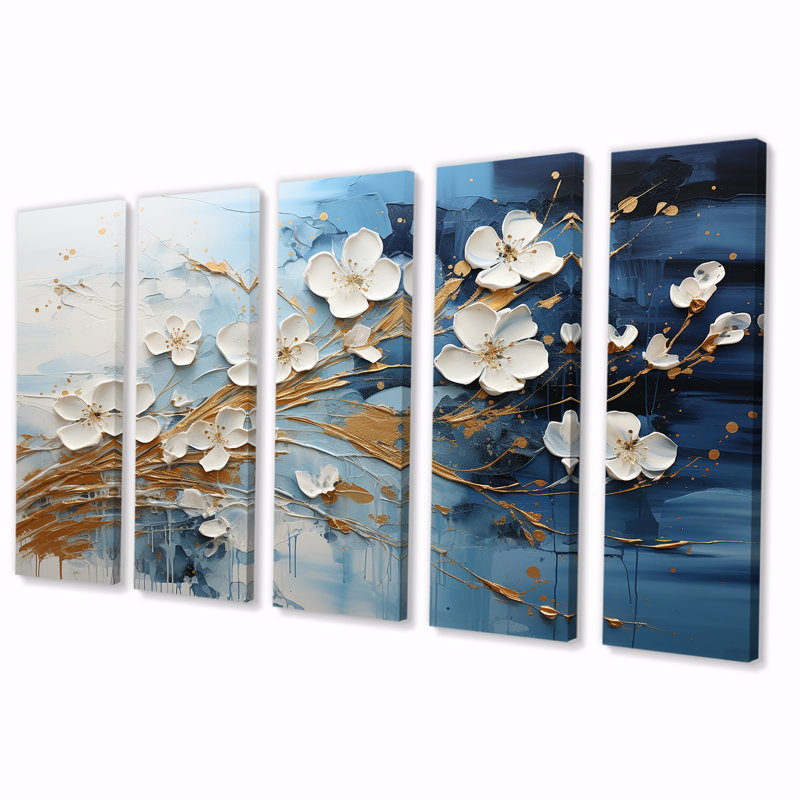 Encre liquide blanche et bleue I - Fleurs, ensemble d'art mural 5 pièces, H 28 po x l 60 po