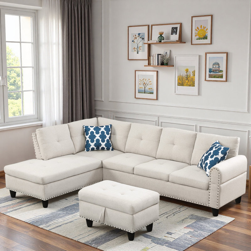 Canapé modulaire en L en lin avec garniture cloutée, porte-gobelets et repose-pieds avec rangement, Lin beige