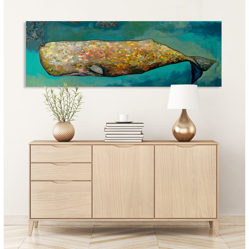 «Whale in Seafoam» par Eli Halpin - peinture sur toile tendue, H 18 po x l 54 po