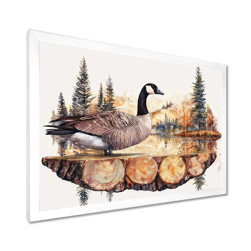 Oie canadienne dans un lac en bois, paysage II - oie, art mural, H 34 po x l 44 po, Cadre simple, Blanc