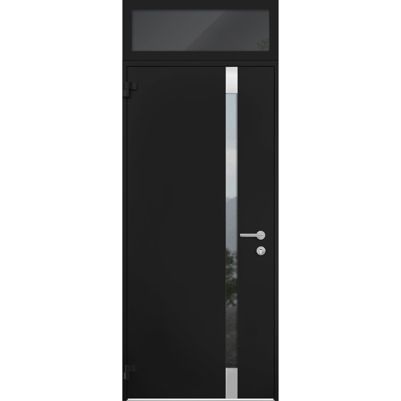 Porte d'entrée extérieure prémontée en acier Cynex 6777, partie supérieure noire, fenêtre extérieure avec inserts en acier inoxydable, style moderne, peinte - L 91,4 cm x H 203,2 cm + 40,6 cm - Ouverture à droite vers l'intérieur
