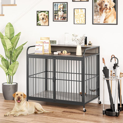 Niche pour chien robuste pour chiens de taille moyenne avec roulettes à 360 ° pour faciliter la mobilité, cage de style cage de chien, mangeoire à hauteur réglable