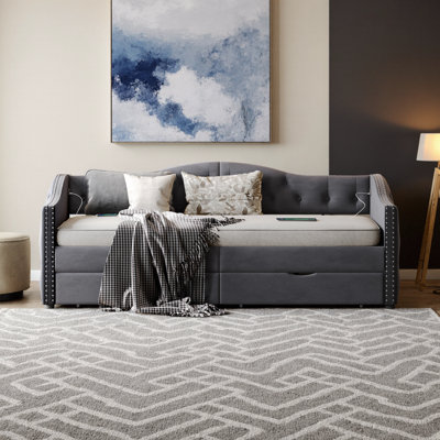 Grey Velvet Upholstered Twin Daybed with Storage Drawers - American Design, No Box Spring Needed, Space-Saving Multi-Functional Sofa Bed